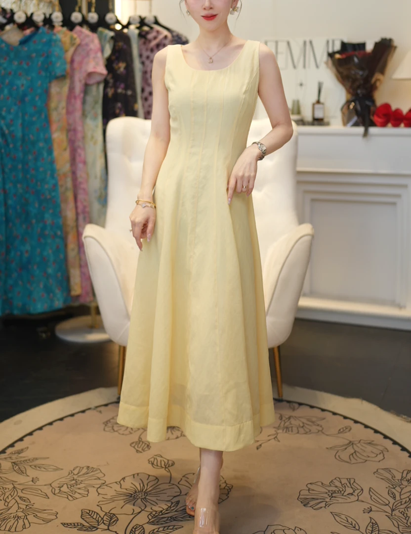 【董董】 C459 夏日柠檬 早春新款简约纯色吊带显瘦收腰长裙PL