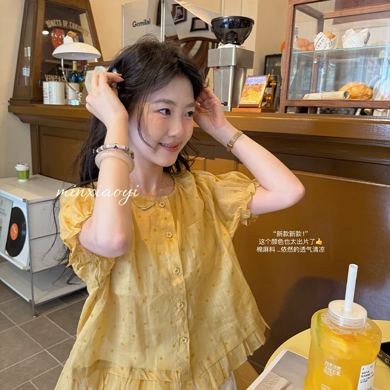 【闵笑一】落橘 小众设计夏季新款简约圆领波点短袖衬衫女上衣