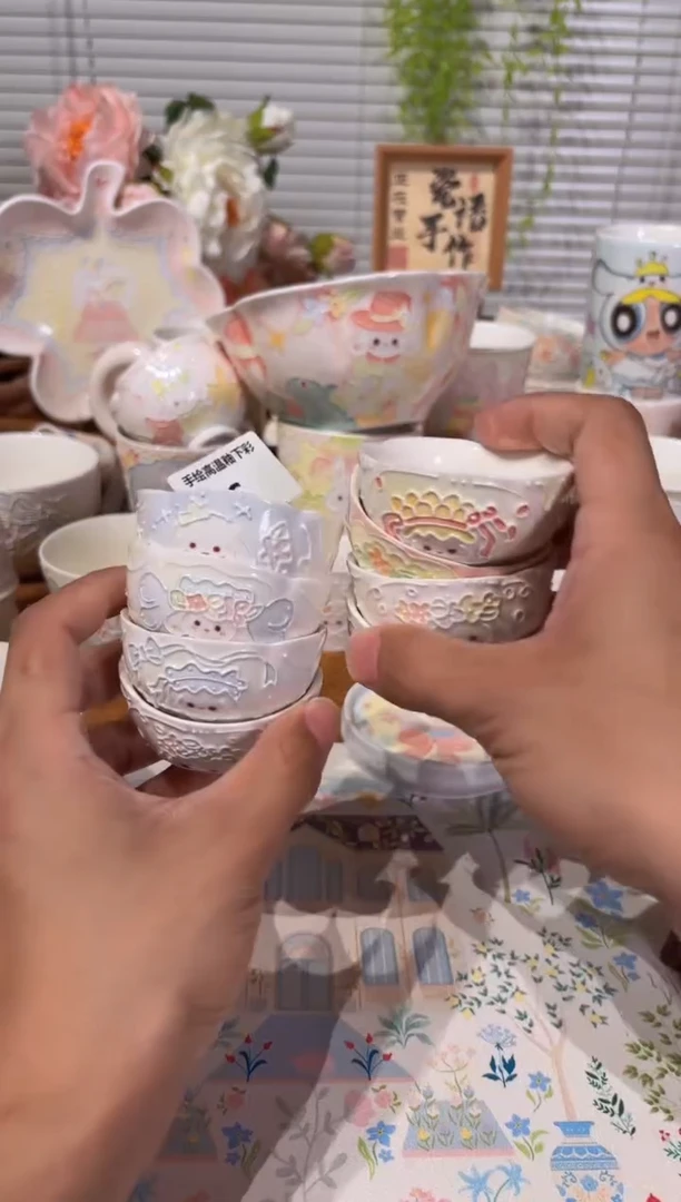 杯6号高温釉下彩立体手绘手工陶瓷瑕福利单个价格随机发