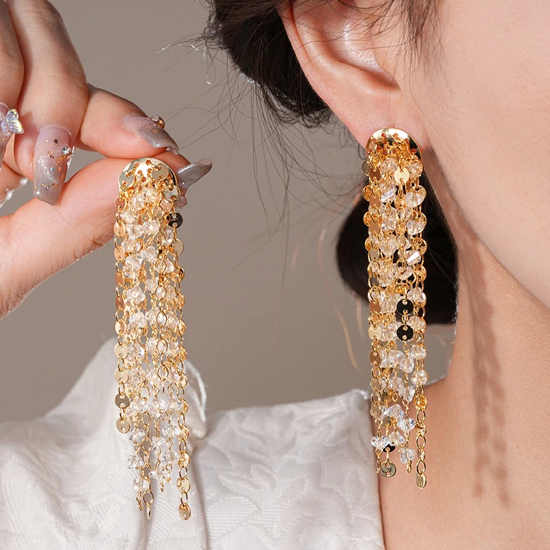 铜合金耳饰 亮片锆石流苏耳钉耳环轻奢高级感耳饰女