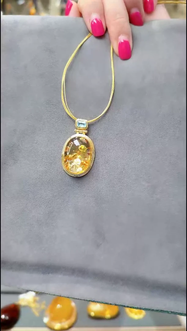银S925镀金镶嵌颈饰琥珀﹣A647琥珀吊坠赠项圈