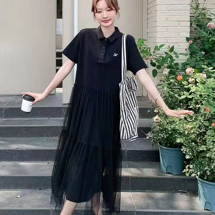 D6880  POLO翻领T恤拼接双层网纱设计长款连衣裙