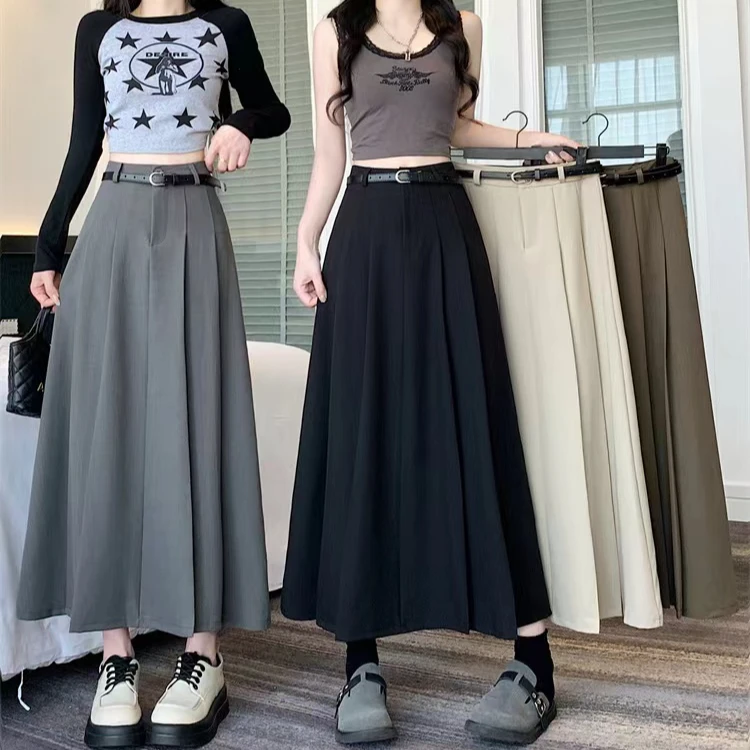 韩版西装半身裙女2025新款百搭高腰中长款A字裙显瘦遮胯百褶裙子