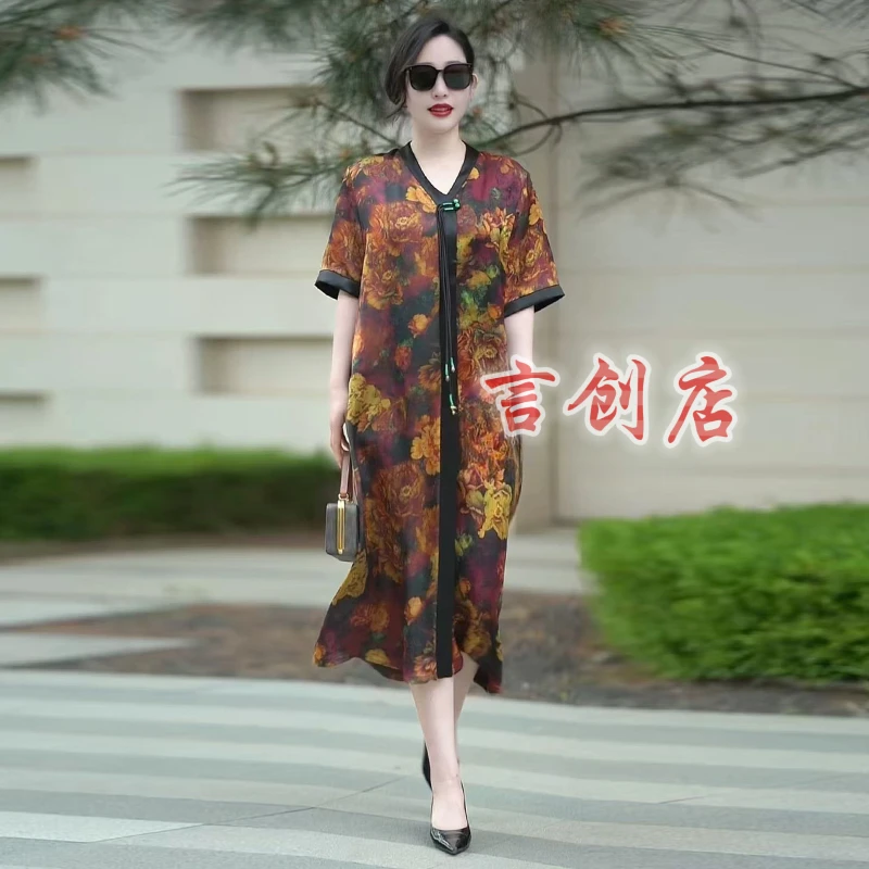 8563中年妈妈气质醋酸真丝连衣裙夏装新款洋气大码显瘦遮肚长裙子