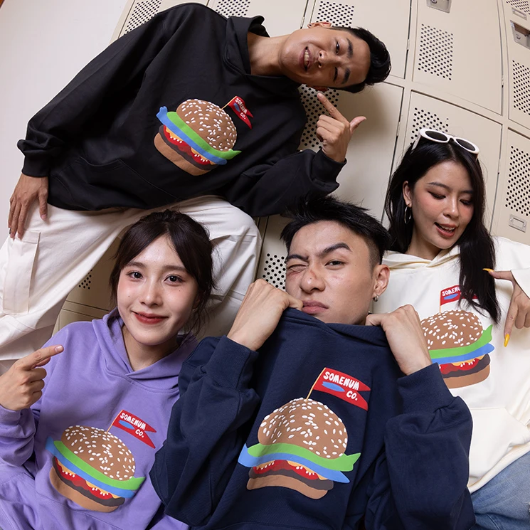 SOMENUM森林 23AW 日系情侣自发热多色绒面发泡手绘汉堡连帽卫衣