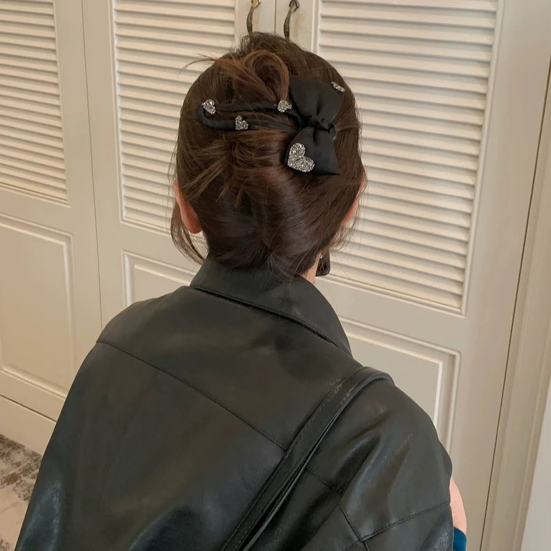 闪锆爱心黑色蝴蝶结懒人夹女高级感半扎发夹后脑勺盘发夹头饰发饰