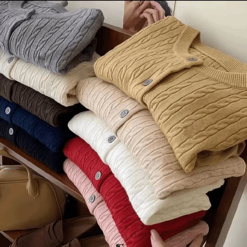 简宇绣麻花毛衣开衫女秋装长袖外搭针织衫圆领上衣外套显瘦9416