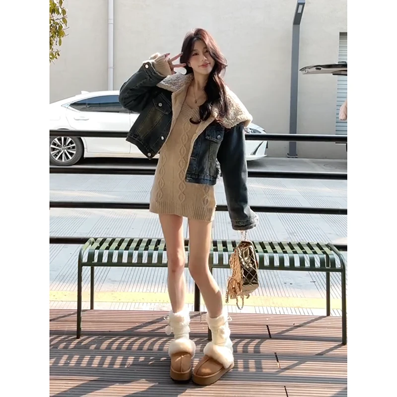 韩系穿搭复古蓝色短款翻领牛仔外套独特漂亮巨好看的厚外套2025冬