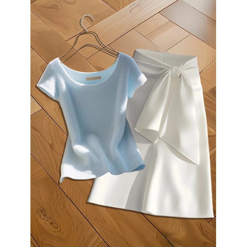 2025夏季新款穿搭一整套时尚简约圆领针织上衣蝴蝶结半身裙两件套