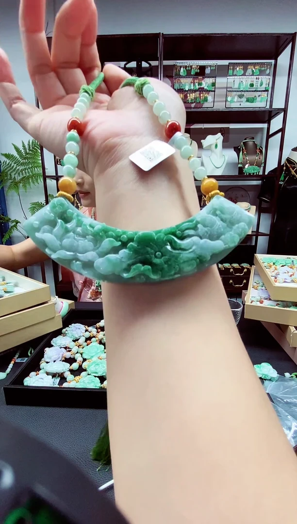 翡翠银S925镀金镶嵌毛衣链翡翠吊坠