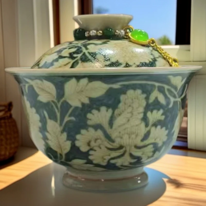 【墨舍名窑】一生一物四相牡丹盖碗（青）ysyw40   陶瓷纯手工主人杯