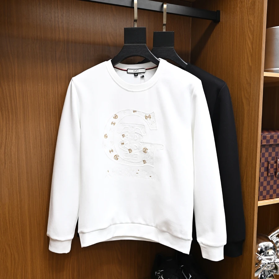 洛尼提日亚刺绣圆领卫衣男装秋冬新款修身休闲高品质大码打底上衣