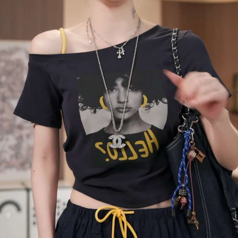 2025夏季新款斜肩设计感印花短袖t恤显瘦修身百搭LK2503673