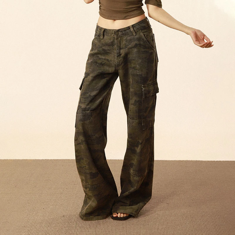 ROMORE美式复古做旧迷彩低腰休闲裤女高街工装多口袋直筒阔腿裤