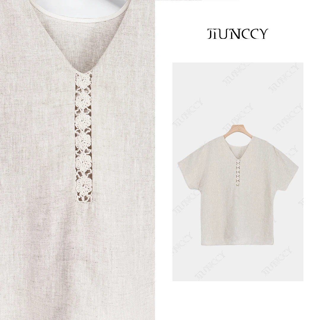 JIUNCCY【花间】100进口雨露亚麻拼接镂空钩花连肩短袖上衣52YCY111