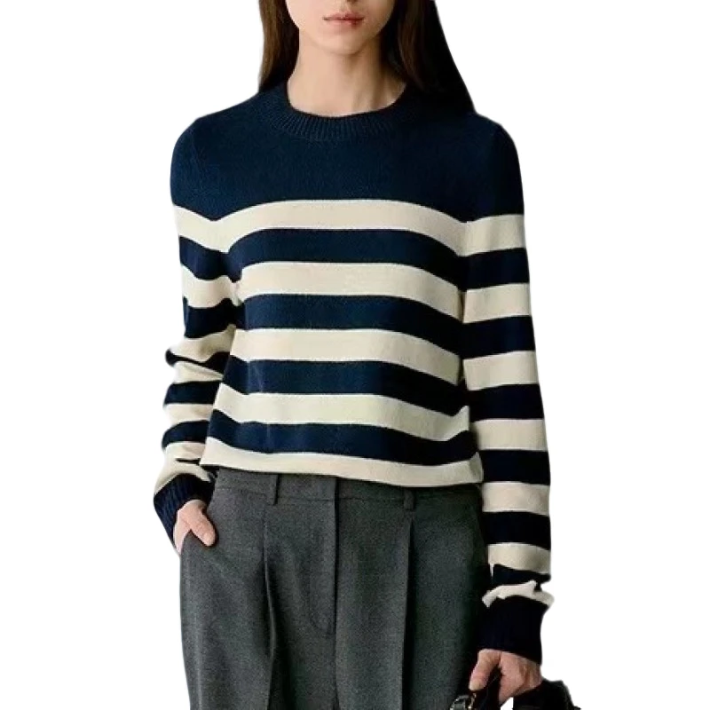 [之]秋冬新款条纹拼接套头针织衫