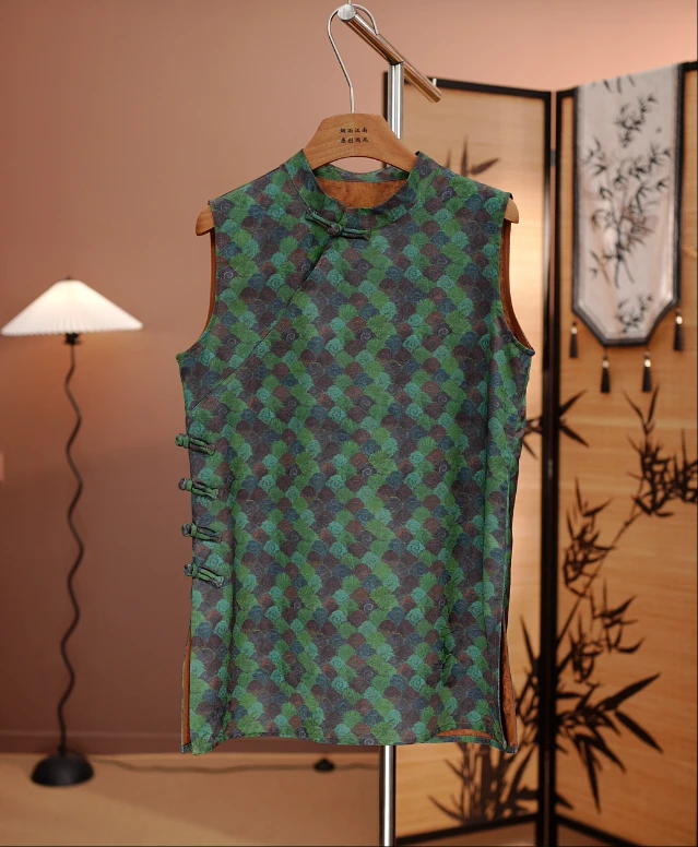 【祥云-奥黛】夏季女款超好看绿色格纹独特漂亮上衣新中式国风