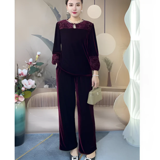 中国风时尚套装圆领丝绒烧花长袖套装