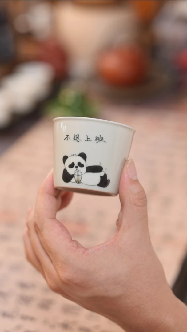 茶具手绘熊猫不想上班可乐杯