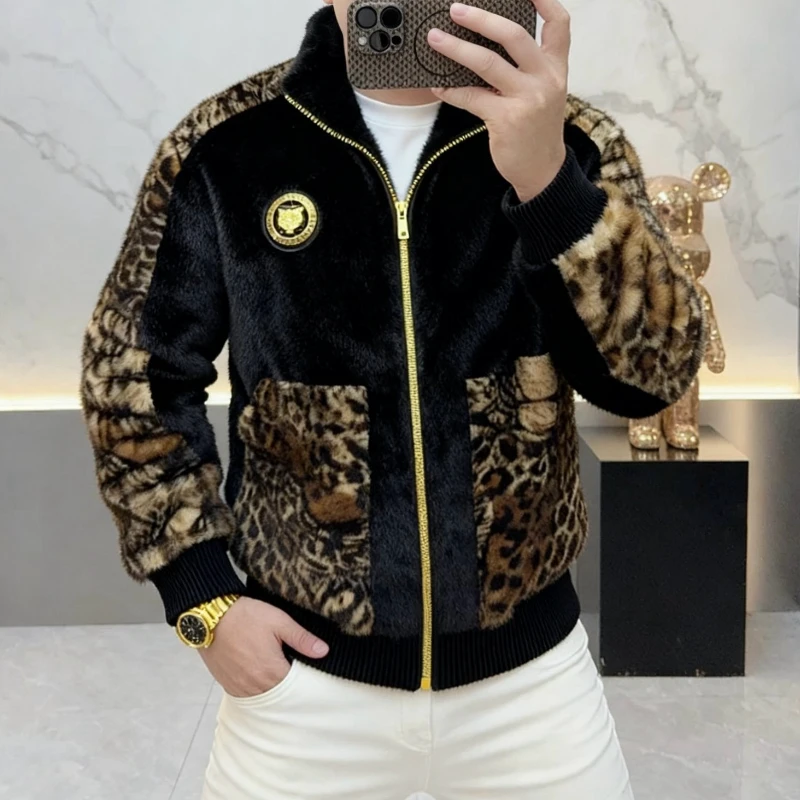 豹纹皮草夹克2025冬季新款欧货男士潮流个性时尚立领加厚修身百搭