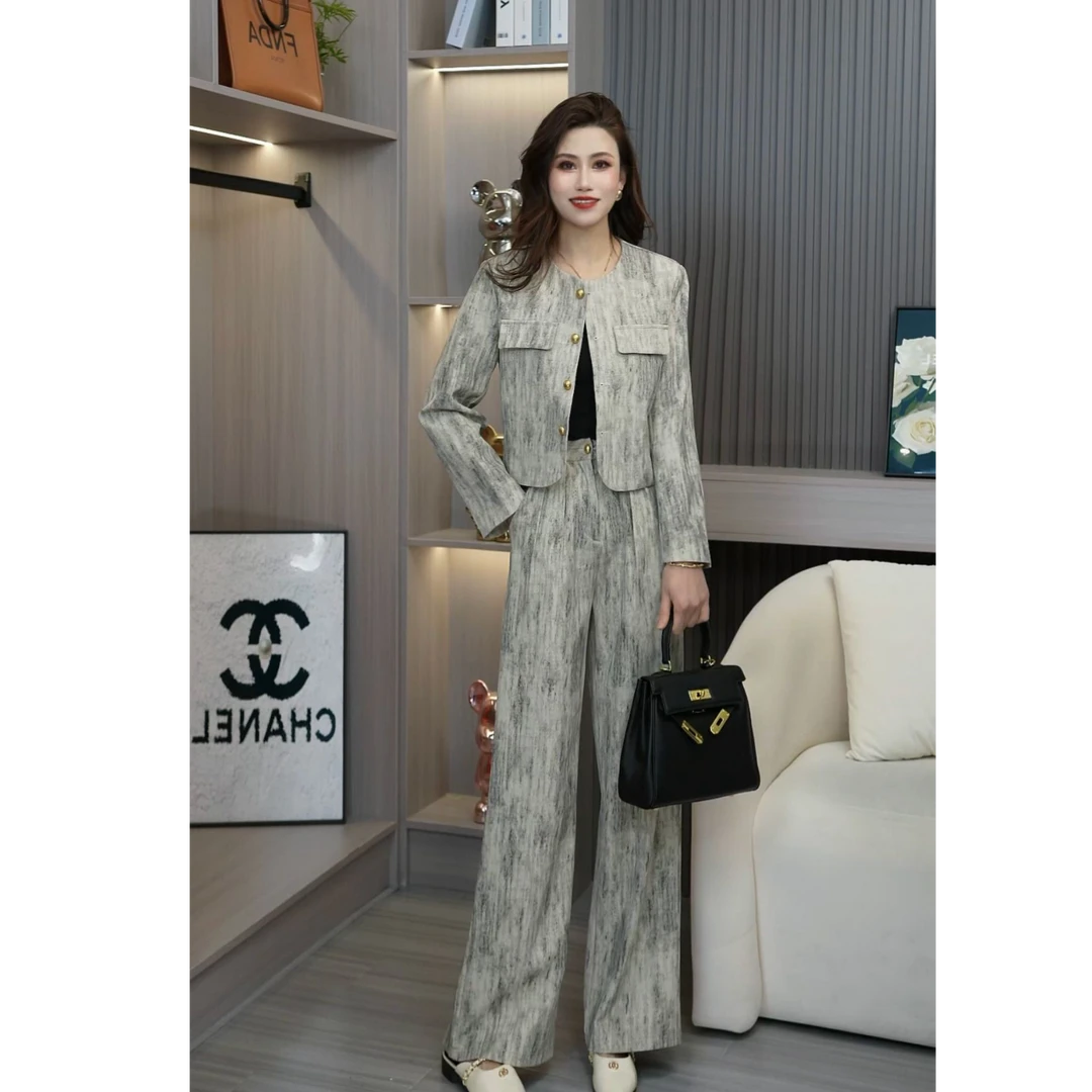 春季新款老钱风气质轻奢扎染花色外套高腰阔腿长裤套装两件套女