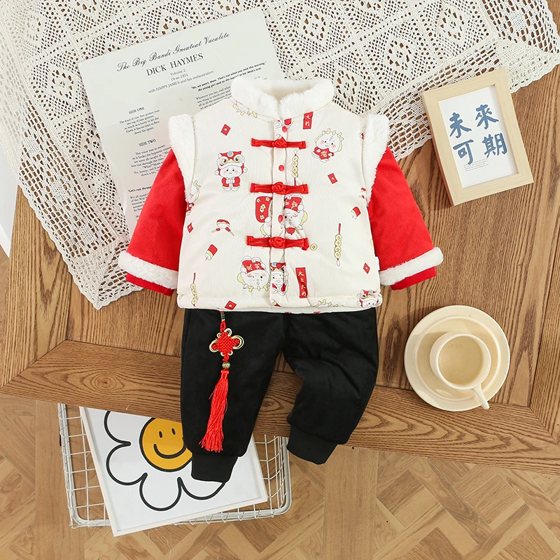 儿童冬季中国风喜庆拜年服加绒加厚周岁礼服新年装招财龙棉套装