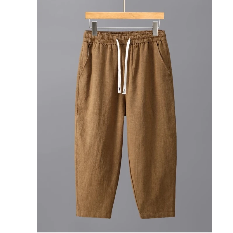 莫安摩萨利男士纯色亚麻直筒八分裤透气舒适棉麻布料百搭休闲裤