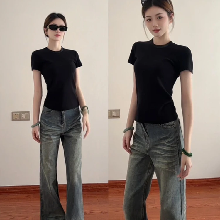 黑色短袖女恤2025新款夏季正肩小圆领半袖修身上衣内搭打底百搭款