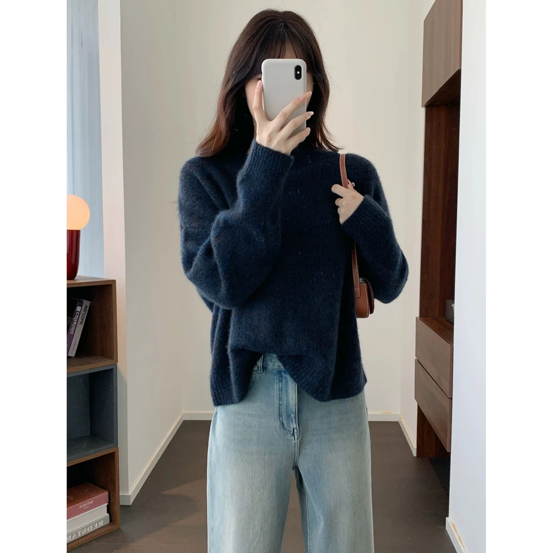 3585【欧货花纱暗夜蓝毛衣】秋季新款女士韩版针织衫气质上衣