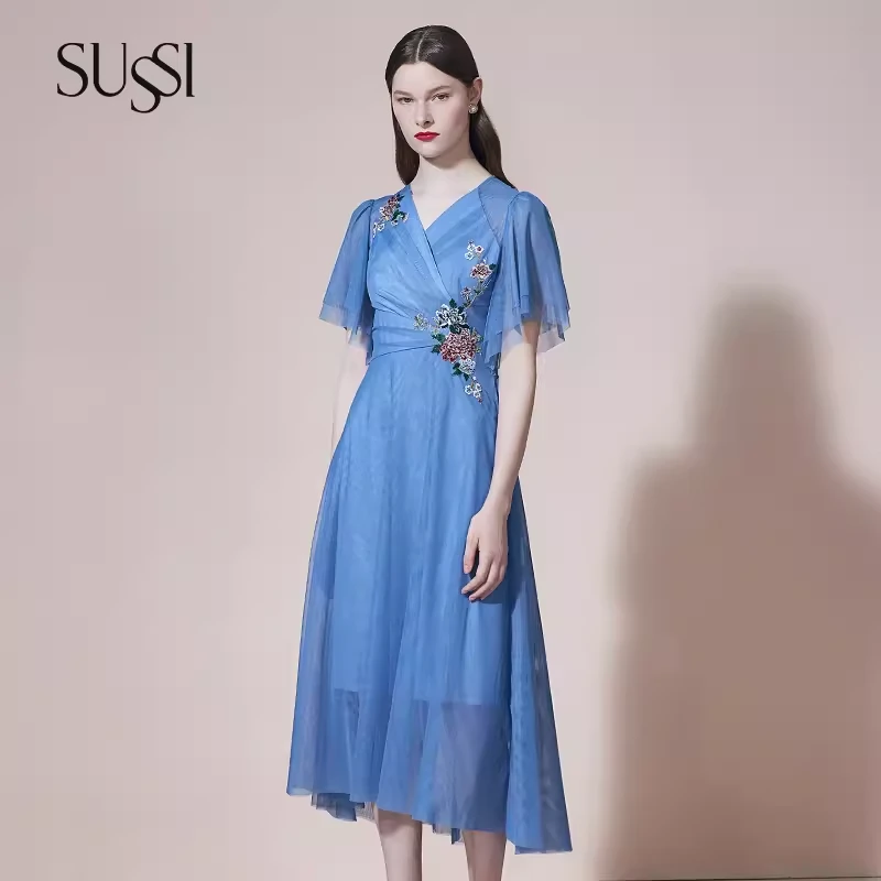 SUSSI/古色夏商场同款蓝色贴花减龄仙女温柔短袖连衣裙女薄荷曼波