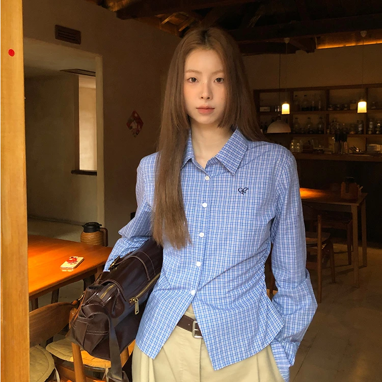 春野格子衬衫女早秋蓝色法式小资上衣长袖修身显瘦衬衣BD530
