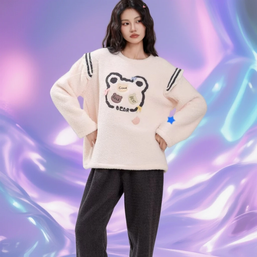 冬季女士加厚半边绒卡通图案保暖可外穿睡衣套装