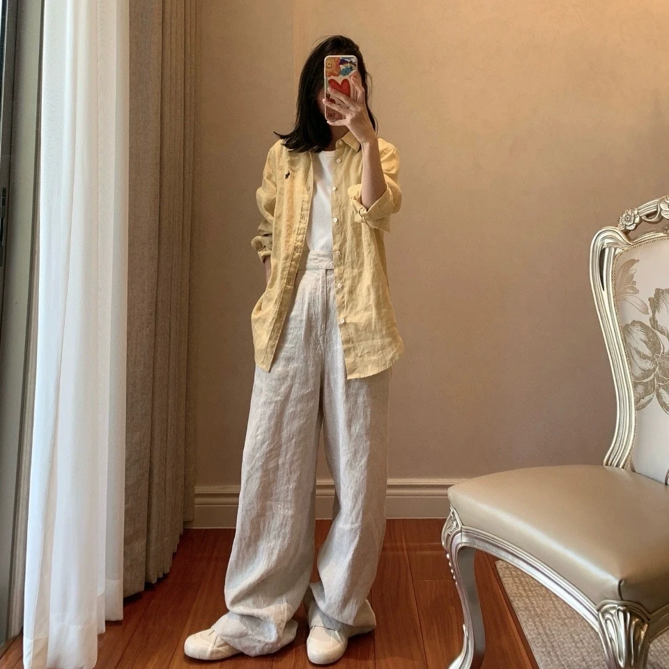 夏季新款美式显瘦百搭老钱风亚麻裤子时尚外穿女宽松款式阔腿宽松