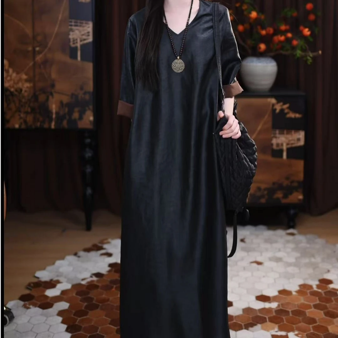 【司遥】香云纱新中式复古宽松女士国风腔调长款休闲时尚连衣裙