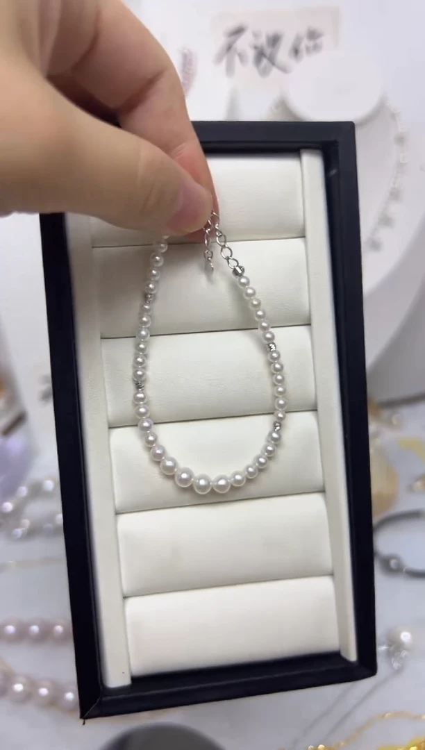 银S925镶嵌手链淡水珍珠TX-近圆3-5mm微笑链手链