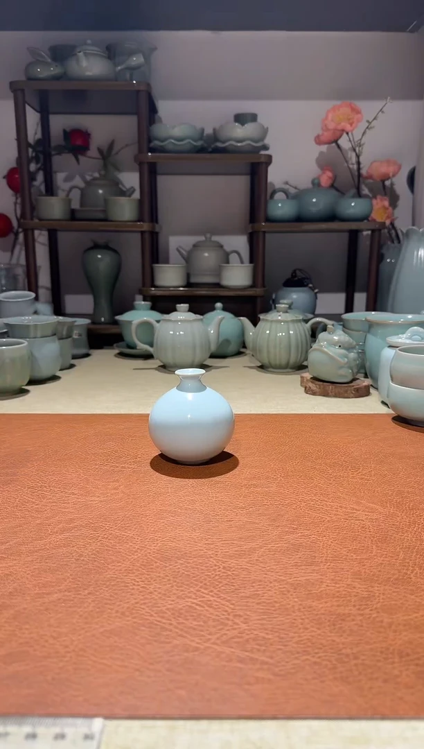 瓶瓷石榴瓶 花插摆件车饰 天青釉一级精品一