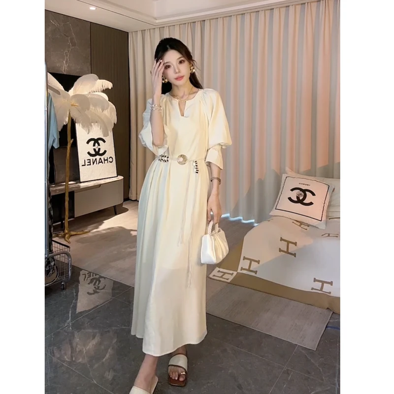 【琳琳】慵懒风女夏季季纱布V领连衣裙宽松外穿显瘦裙子7008