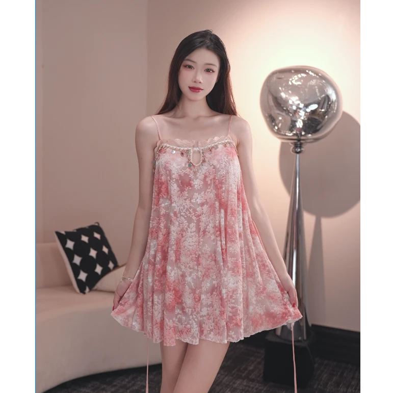 【仲夏花火】睡裙带胸垫夏季吊带甜美时尚蕾丝轻奢女士度假风睡衣