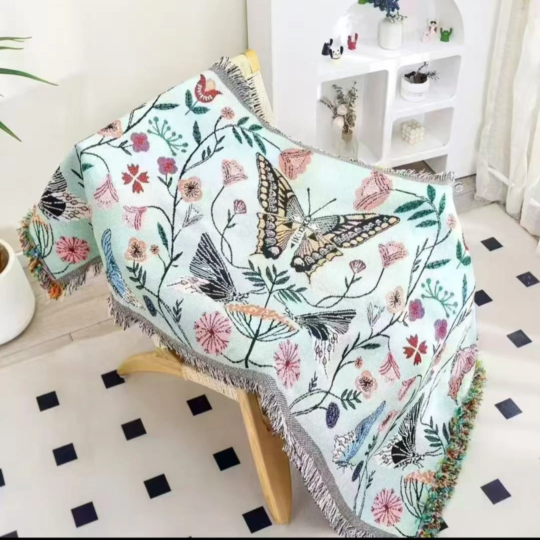 复古多功能线毯沙发巾90*180提花纱布钢琴毯露营毯蝴蝶花双面透气