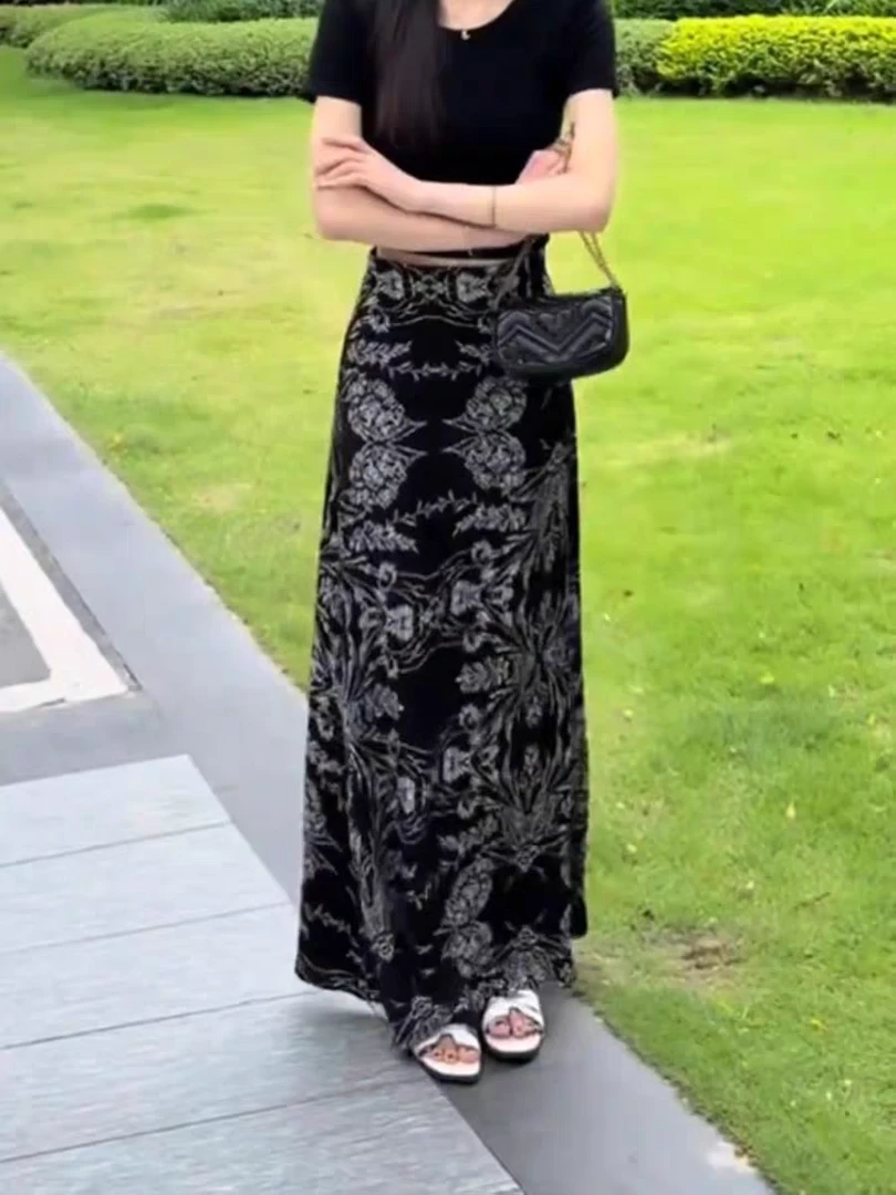 印花亚麻高级感中高腰半身裙