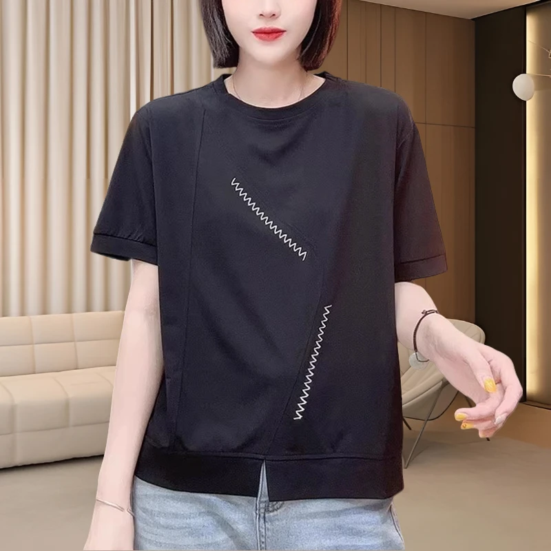 韩版宽松显瘦纯棉上衣ins拼接设计短袖女t恤夏季新款简约时尚女装