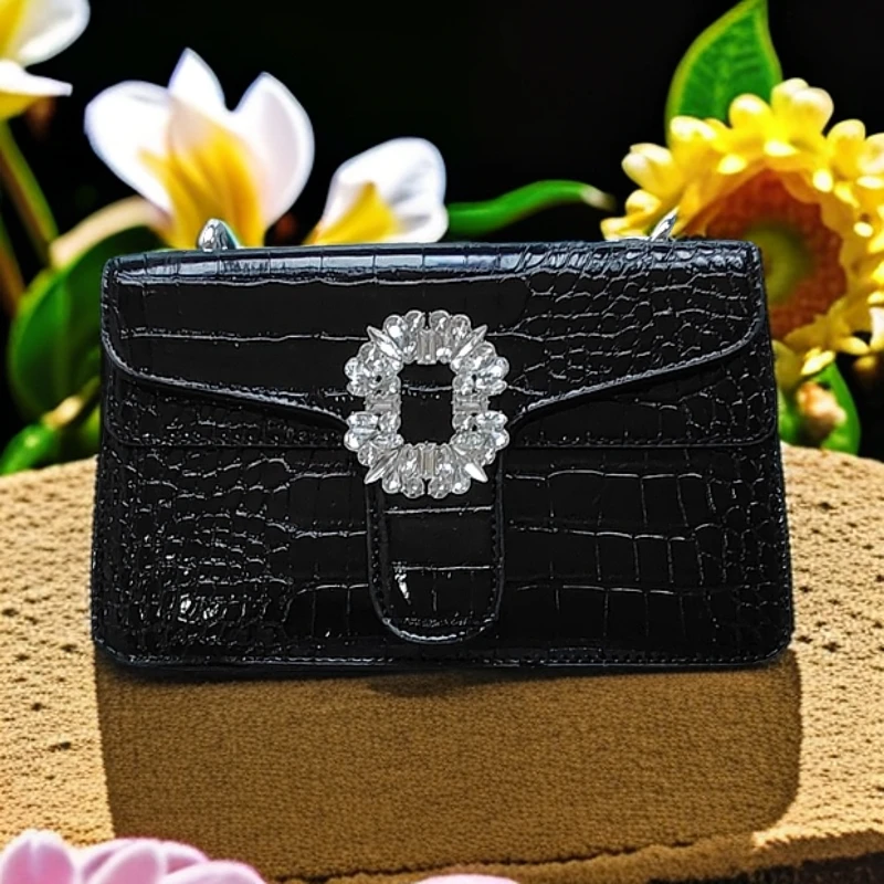 鳄鱼纹2025新款女单肩包气质轻奢时尚百搭女士黑色镶钻