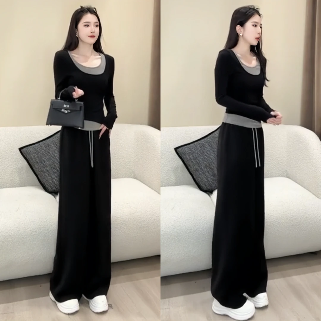 套装女2025春秋新款设计感小众假两件上衣搭百搭显瘦阔腿裤两件套