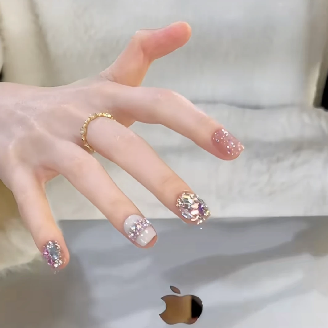 【雾入玫海】 粉雾彩钻爆闪少女感纯手工穿戴甲美甲