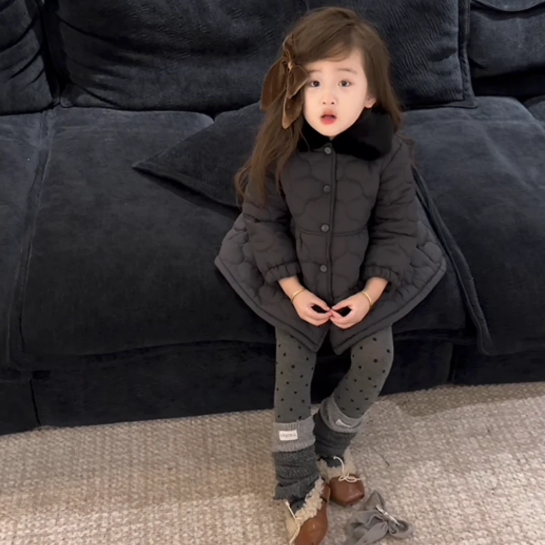 壹妈童装女童2025冬季新款女宝宝黑色棉服设计感单排扣百搭款外套