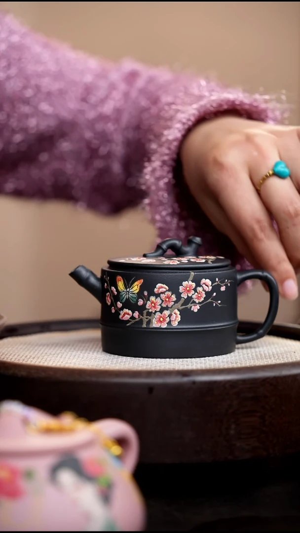 茶壶紫砂云雾天青竹段泥绘蝶恋花