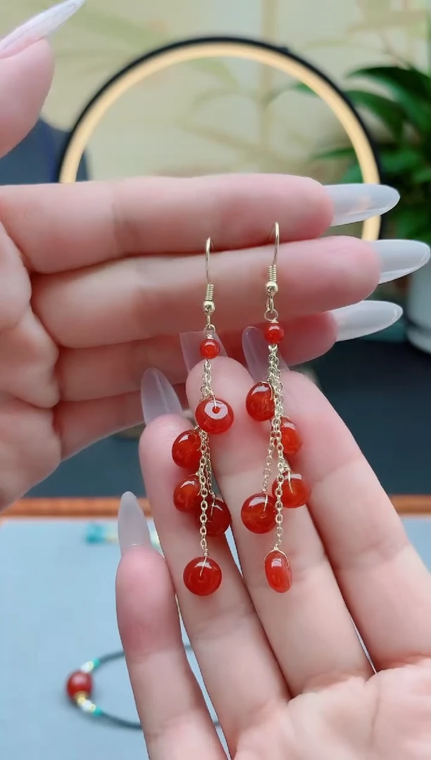 玛瑙/玉髓耳饰银S925镶嵌1算盘珠红