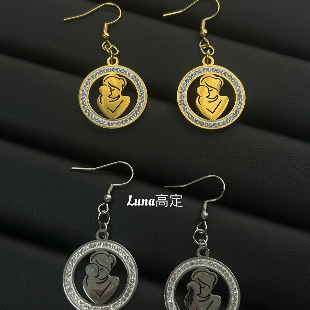 铜合金合成锆石耳饰 Luna定制0361高级设计感母爱圆形吊坠耳环