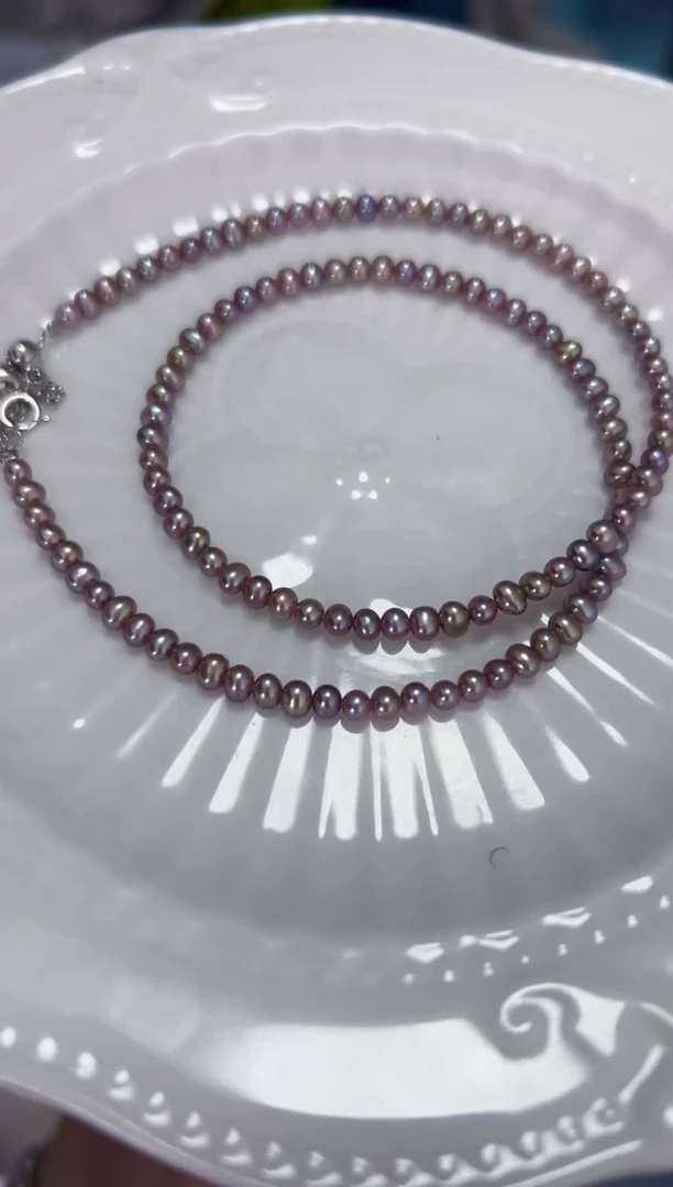 淡水珍珠银S925镶嵌颈饰无核油亮金属紫