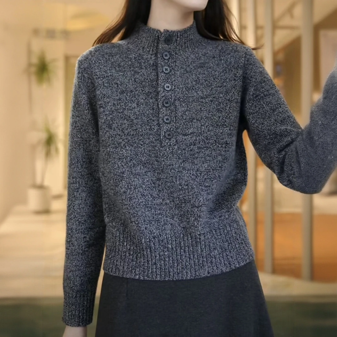 蓝色立领长袖针织衫女2025秋冬新款欧货花纱精致高端时尚大码毛衣